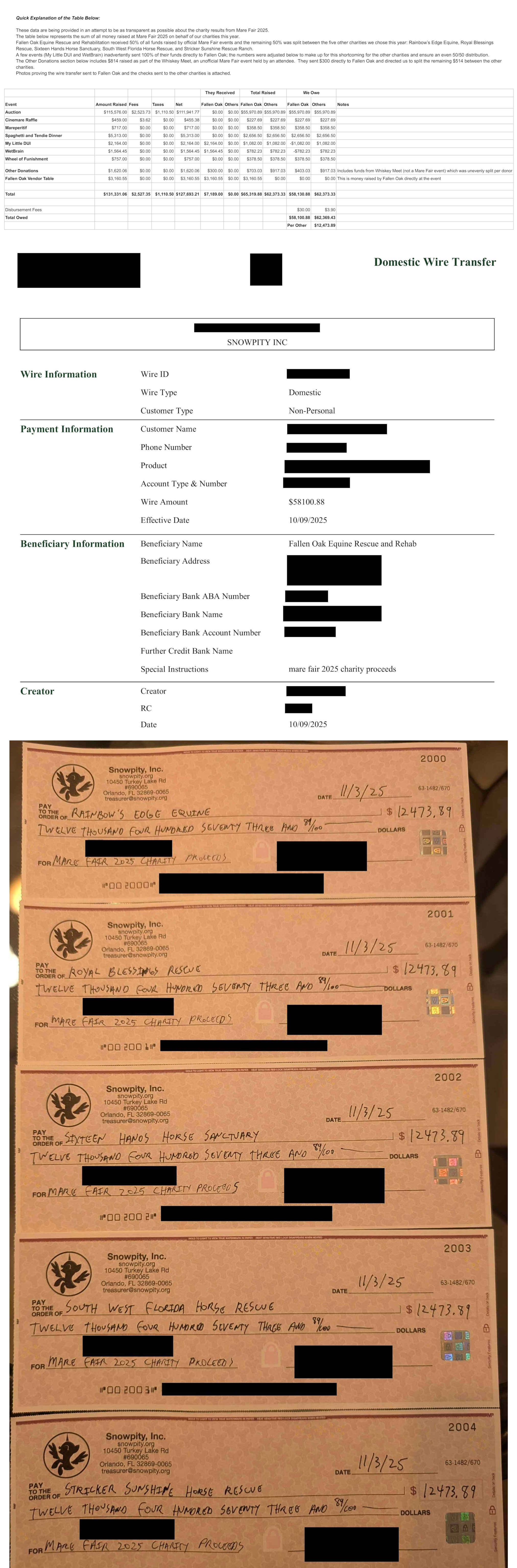Image showing the financial summary outlining the complete distribution of funds, including copies of the wire transfer and checks verifying payment to each rescue.